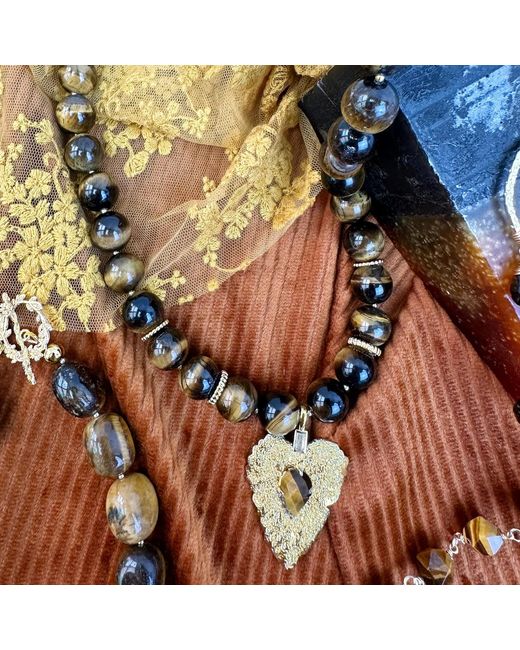 Farra Black Tiger Eye Stone With Leaf Pendant Chunky Necklace