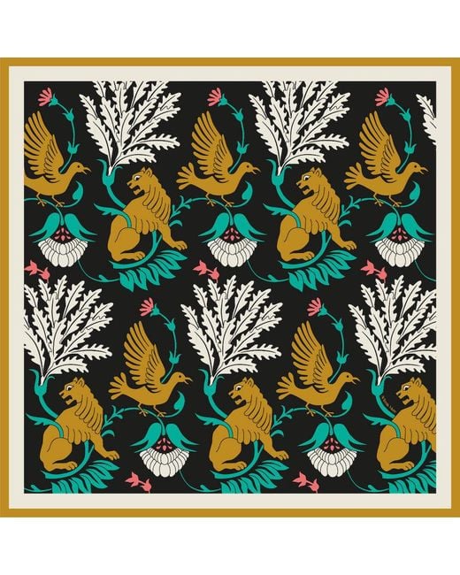 Artemis Muse Black Regal Doves & Lions & Colourful Luxury Silk Scarf