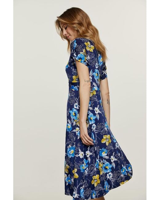 Conquista Blue Print Knot Detail Midi Dress
