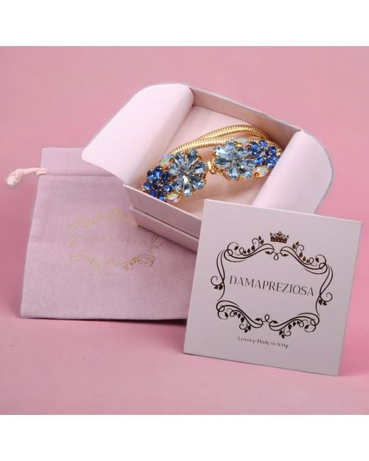 DAMAPREZIOSA Blue Plated Stretch Metal Belt With Daisy Buckle With Sapphire And Aquamarine Crystals