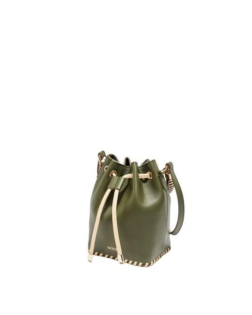 Saonara Brand Metallic Mini Bucket Bag Army Cream Leather