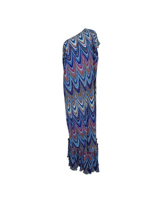 Jennafer Grace Blue Hallucinogen Plume One Shoulder Maxi Dress