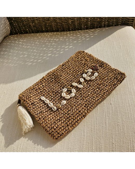 OhSun Brown Neutrals Love Raffia & Shell Clutch
