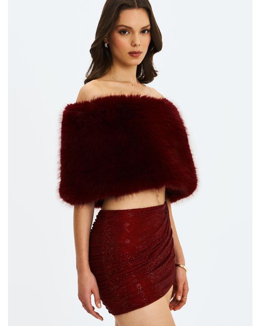 Miss Circle New York Red Darla Burgundy Faux Fur Off-Shoulder Cropped Top