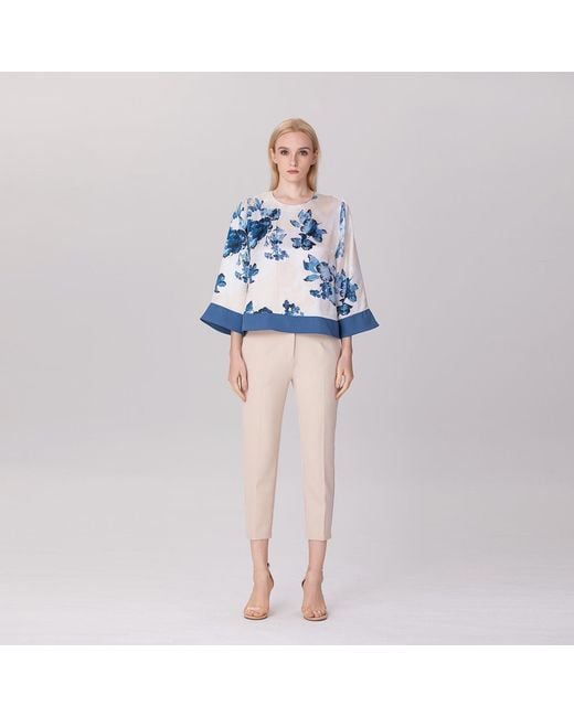 Smart and Joy Blue Satin Blouse With Contrasting Floral Print