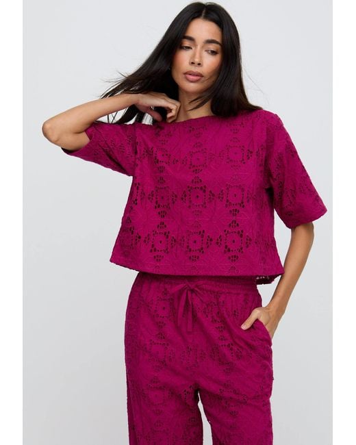 Raffya Red Opal Broderie Anglaise Split Open Back Blouse