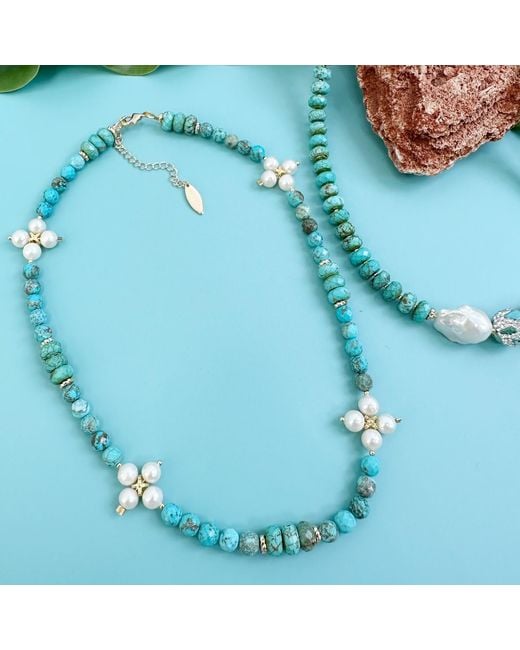 Farra Blue With Flower Pearls Necklace