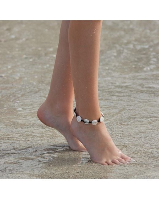 Adriana Pappas Designs White Coin Pearl Anklet On Colored Cord