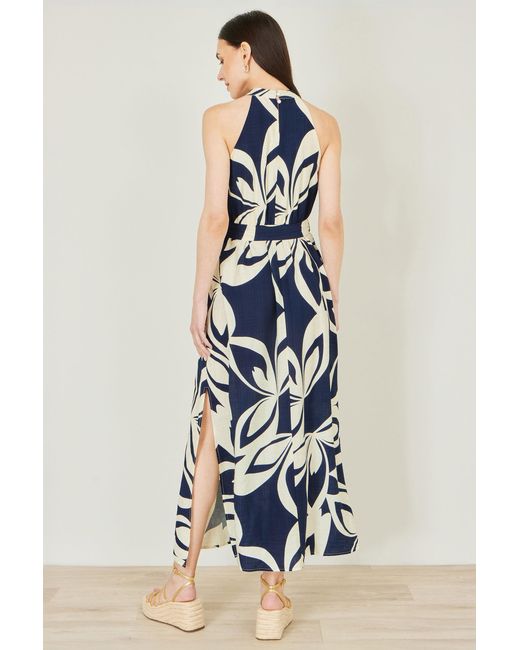 Yumi' Blue Geo Swirl Print Halter Maxi Dress