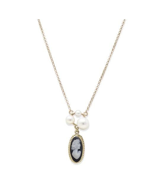 Vintouch Italy Metallic Lilith Gold-plated Black Cameo And Pearl Necklace