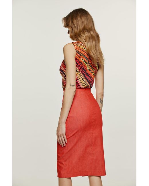 Conquista Red Denim Style Pencil Skirt