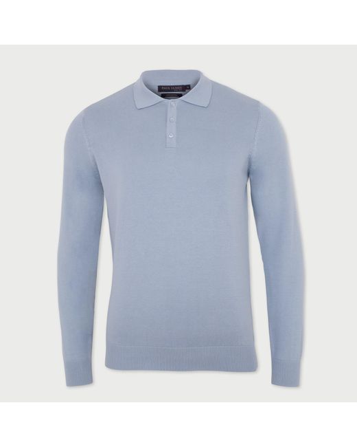 Paul James Knitwear Blue Lightweight Cotton Hall Long Sleeve Knitted Polo Shirt for men