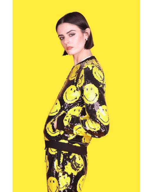 Any Old Iron Yellow Smiley Reversible Sequin Bomber Jacket