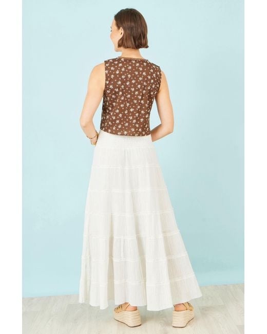 Yumi' White Double Cotton Tiered Boho Maxi Skirt