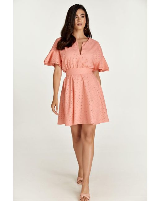 Conquista Pink Coral Embroidered Dress With Ruffle Sleeves