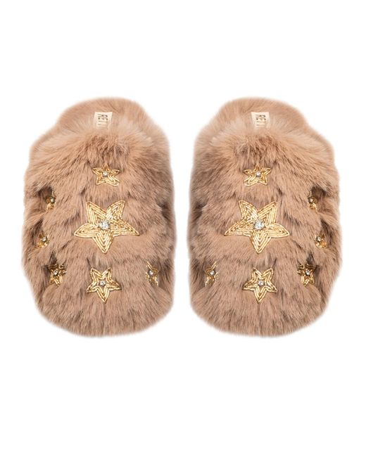 Rettrose Brown Neutrals Saylor Mink Luxury Plush Diamanté Embellished Handmade Slipper