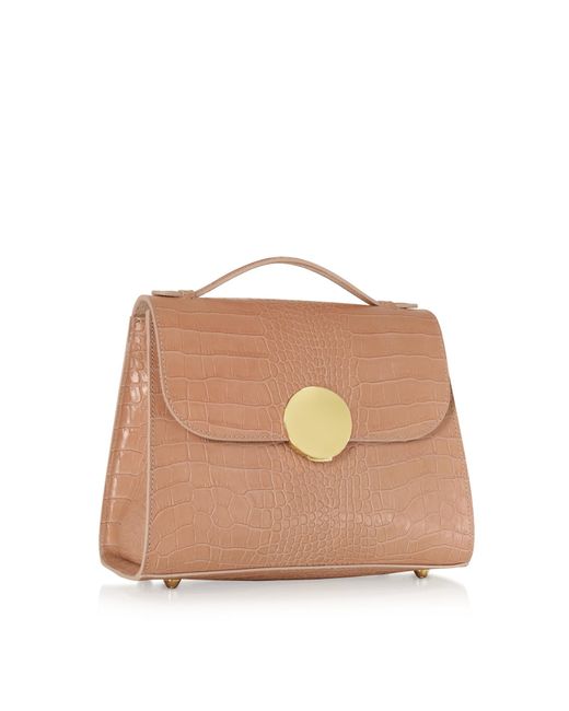 Le Parmentier Natural Neutrals Bombo Croco Embossed Leather Top-Handle Satchel Bag W/Strap