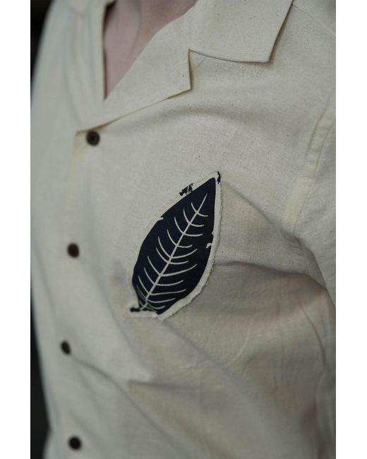 Stovaria Natural Camp Collar Half Sleeve Organic Cotton Shirt With Leaf Appliqué for men