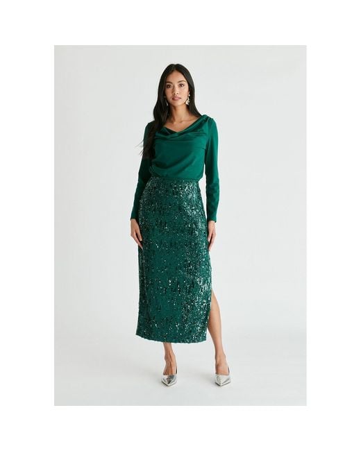 Paisie Green Sequin Midi Skirt With Side Slit