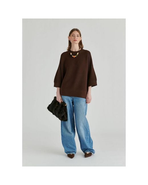 Paisie Brown Mock Neck Cropped Sleeve Ribbed Jumper