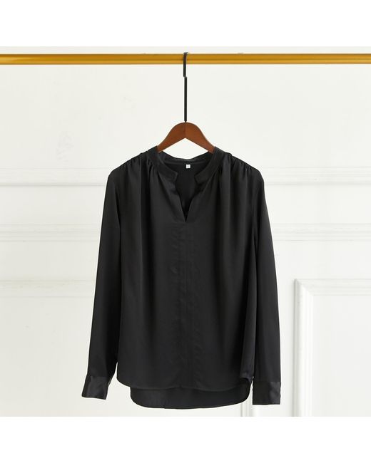 Soft Strokes Silk Black Pure Silk Long Sleeve Y-Neck Blouse