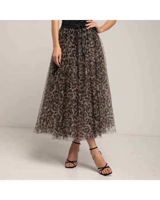 Tantra Spain Sl Brown Multi-Layered Tulle Midi Skirt, A-Line Cut, Animal Print, Elastic Waistband