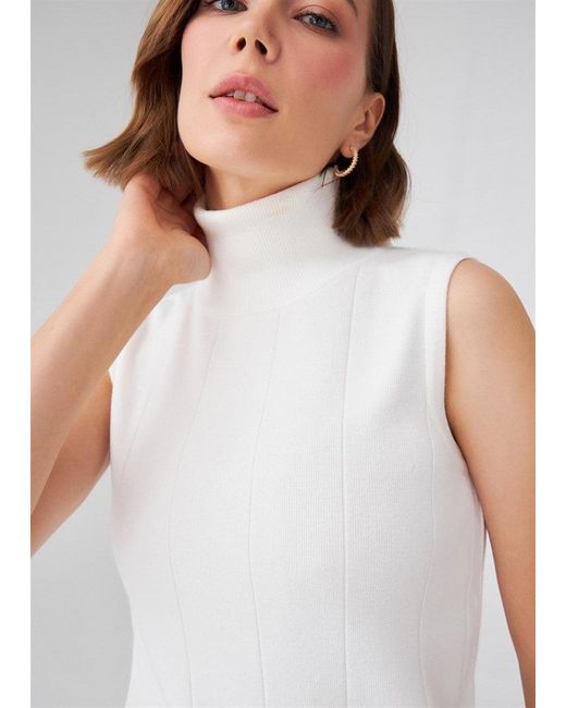 Peraluna White Slim Fit Sleeveless Turtle-Neck Blouse