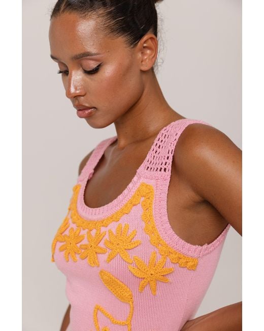 Andreeva White Golden Daisy Knit Dress With Handmade Embroidery