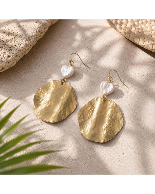Rare Matters Jewelry Metallic Hammered Brass Disc & Freshwater Pearl Heart Statement Earrings