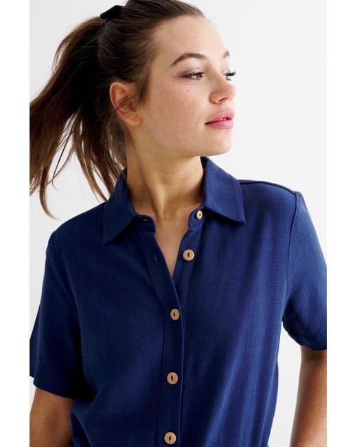 Louche Blue Justin Linen Mix Short Sleeve Jumpsuit