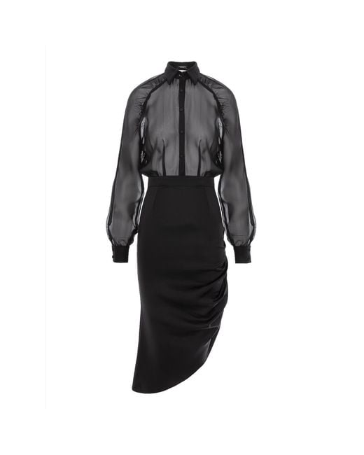 AVENUE No.29 Black Raglan Sleeve Silk Shirt Dress With Side Gathering