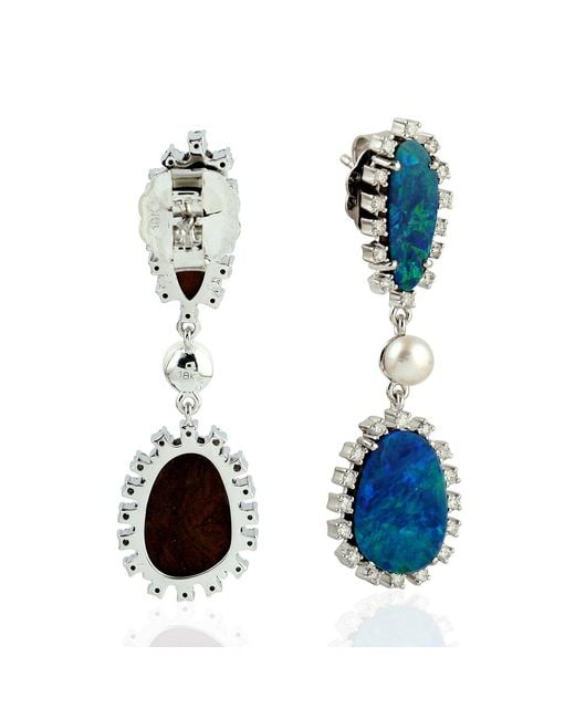 Artisan Blue Double Opal & Pearl Drop Earrings With Diamond Halo