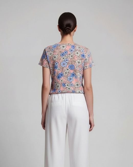 Lords of Harlech Blue Victoria Tropical Mix Coral V-Neck Printed Top