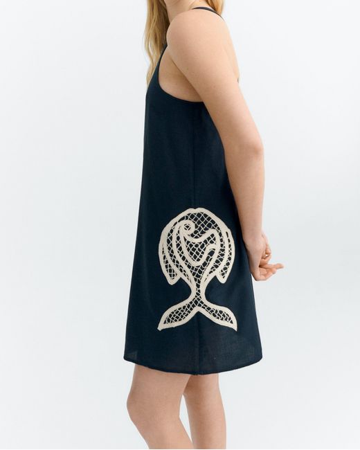Thinking Mu Black Short Hand Embroidered Dress Fish Aniela