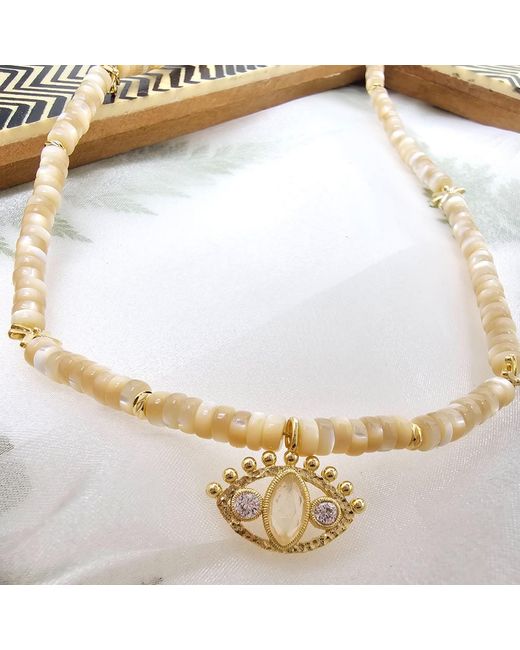 Farra Metallic Neutrals Shell With Turkish Devil Eye Pendant Necklace