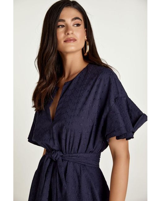 Conquista Blue Dark Embroidered Dress With Ruffle Sleeves