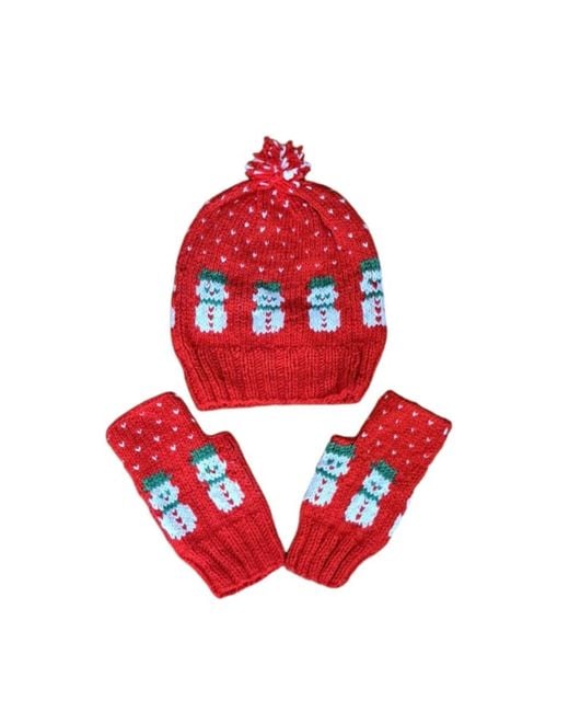 Springmoonatelier Red Handmade New Year Wool Hat And Glove Set