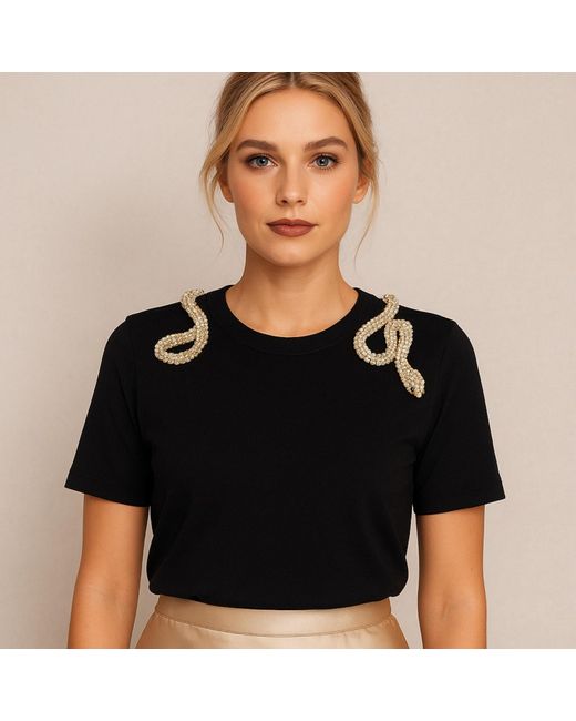 House of Laines London Black Laines Couture Embellished Crystal Wrap Around Snake T-Shirt
