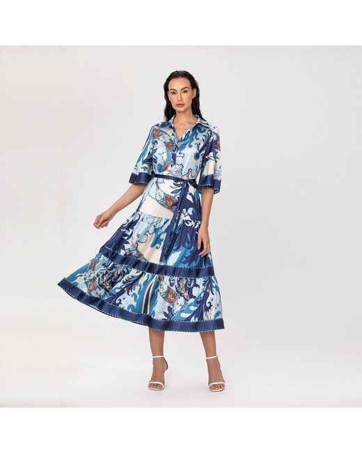 Smart and Joy Blue Midi Shirt Dress With Artistic Print And Tied Belt