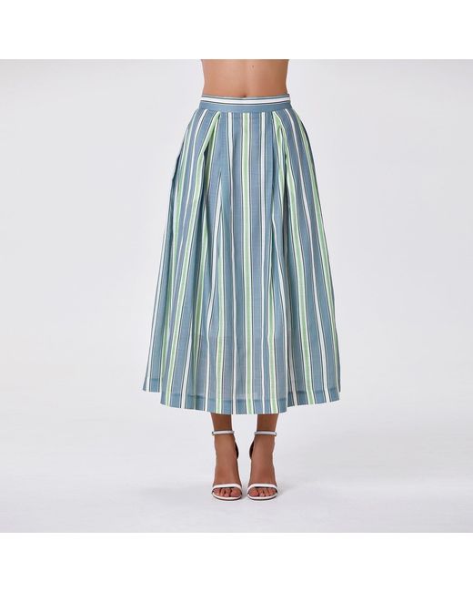 Smart and Joy Green Striped Midi Skirt With Cotton Lining