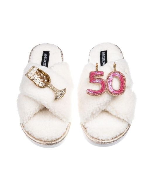 Laines London White Neutrals Laines Neutral Boucle Slippers With 50Th Birthday & Champers Brooches