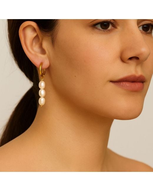My Little Nature Metallic Dangle Freshwater Pearls Earrings With Three Pearls And Plated Hoops