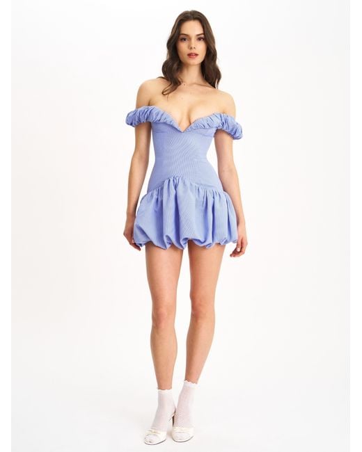 Miss Circle New York Blue Sablee Checkered Puffy Off Shoulder Trim Bubble Hem Mini Dress