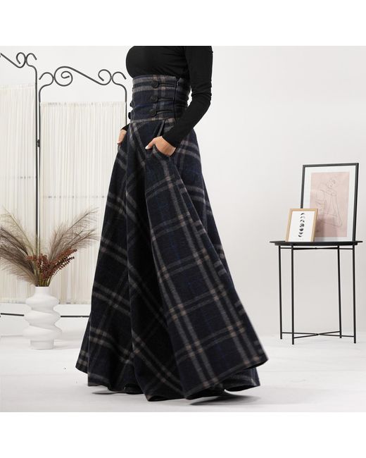 Nikka Place Blue Wool Tartan Floor Length Skirt With Ultra High Waist