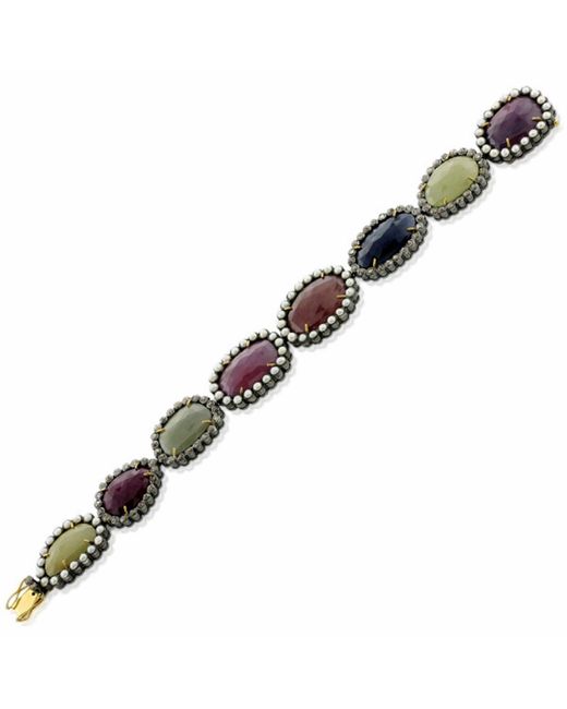 Artisan Metallic Multi Sapphire & Ruby With Pearl Pave Diamond In 18k 925 Silver Fixed And Flexible Bracelet