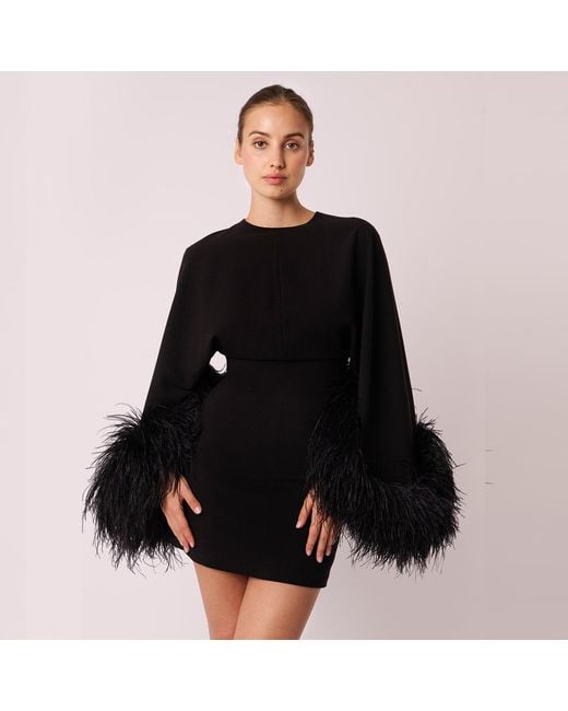 Sanctumum Black Feather-Trimmed Crepe Mini Dress