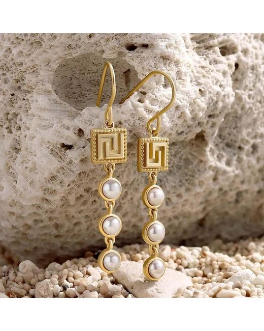 Karma and Luck Metallic Graceful Harmony Pearl Greek Key Earrings