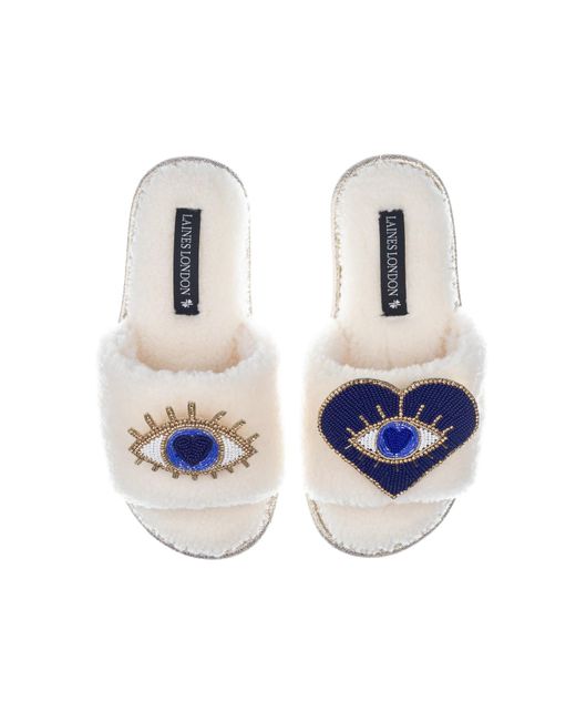 Laines London Teddy Towelling Slipper Sliders With Double Blue & Gold Eyes Brooches
