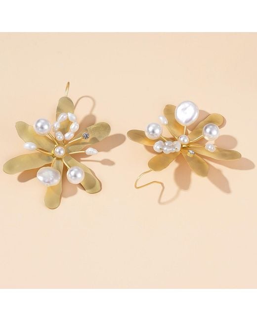 Rare Matters Jewelry Metallic Blossom Pearl Drops Flower Earring
