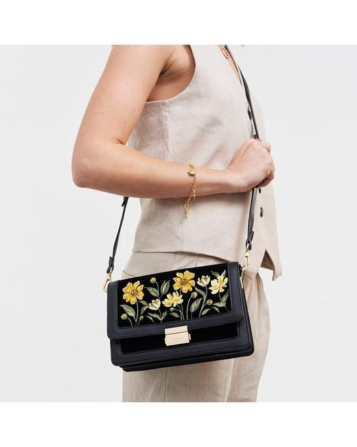 Fable England Black Botanical Velvet Embroidered Foldover Bag